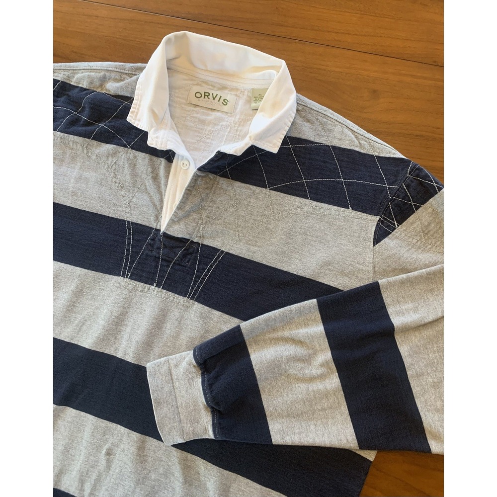 Vintage Orvis Striped Rugby Polo Shirt Mens XL Blue Gray Heavy Cotton India